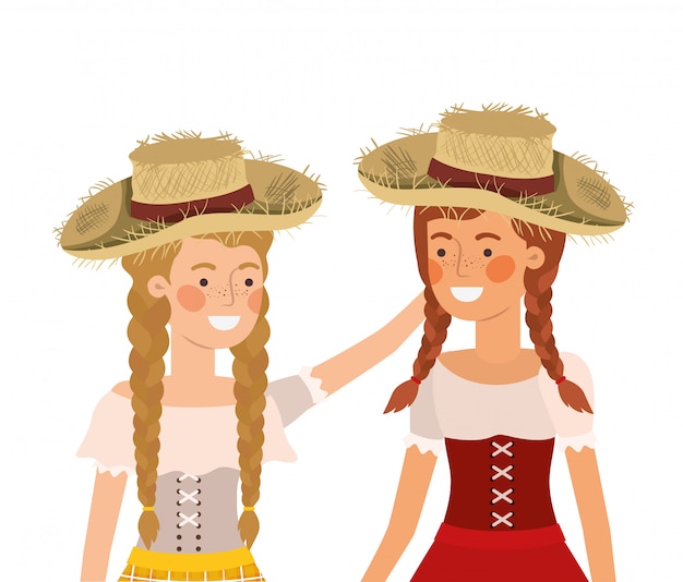 밀짚 모자와 이야기하는 농민 여자