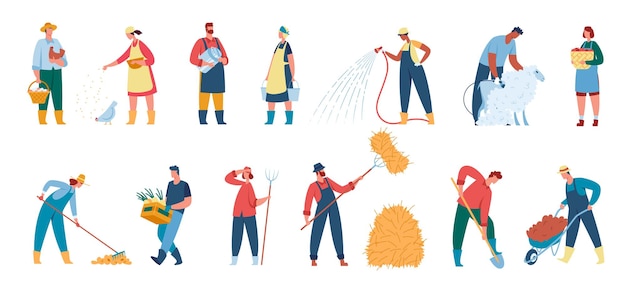 Farmers working at farm agricultural workers and gardeners with tools vector set