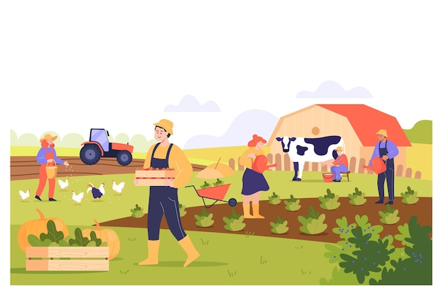 Vector farmers working on farm field flat vector illustration