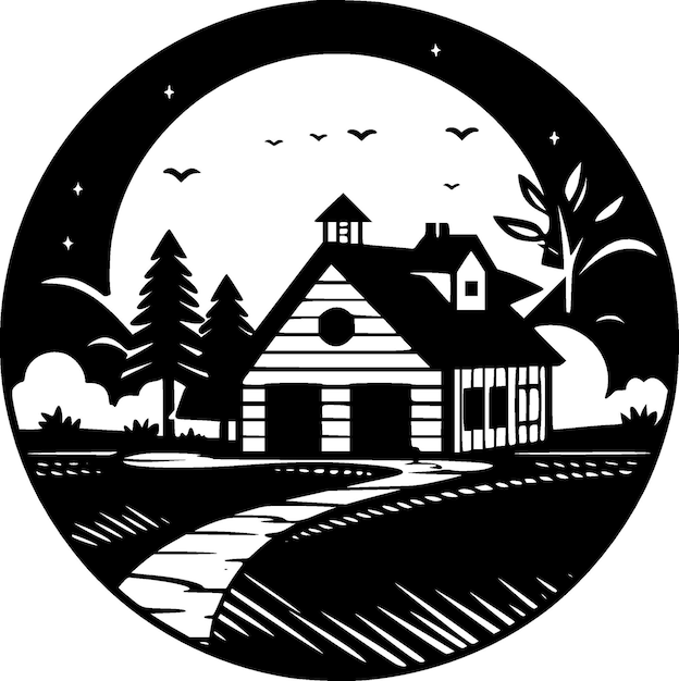 Черно-белая векторная иллюстрация фермерского дома
