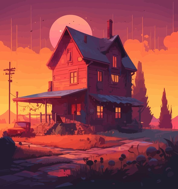 Farmhouse Dreamscape A Dreamlike Landscape Illustration in Dark Red and Light Orange