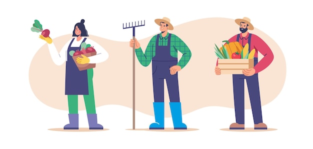 Vector farming and agriculture harvesting characters dressed in work clothes with fresh vegetables and tool