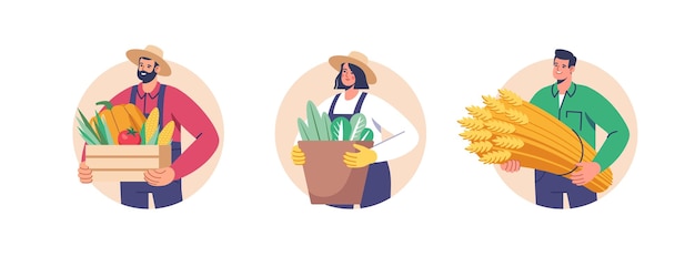 Vector farming and agriculture harvesting characters dressed in work clothes with fresh vegetables wheat