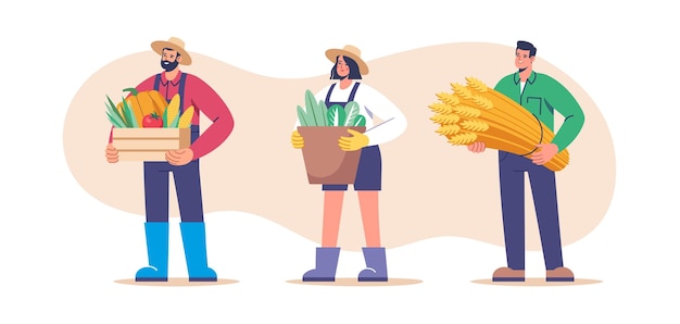 Farming and agriculture harvesting characters dressed in work clothes with fresh vegetables wheat