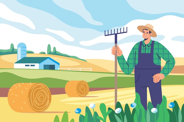 Vector farming and agriculture harvesting farmer with rakes on the farmland landscape background during har