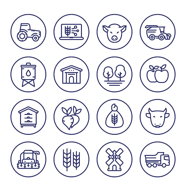 Farming and agriculture line icons on white