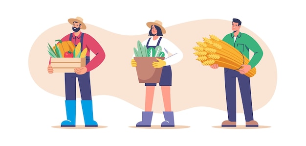 Вектор Сельское хозяйство и сбор урожая персонажи, одетые в рабочую одежду со свежими овощами и пшеницей