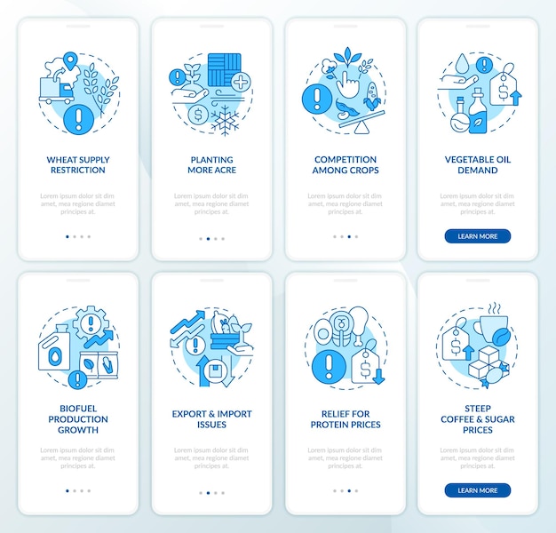 Set di schermate dell'app mobile per l'onboarding blu delle sfide agricole