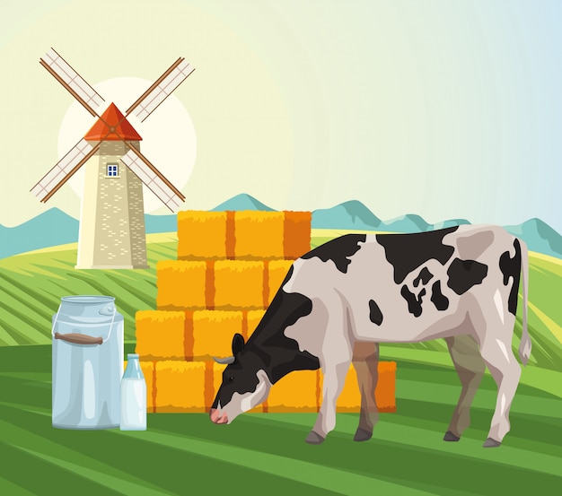 Vector farming cow eating grass hay bales and windmill field