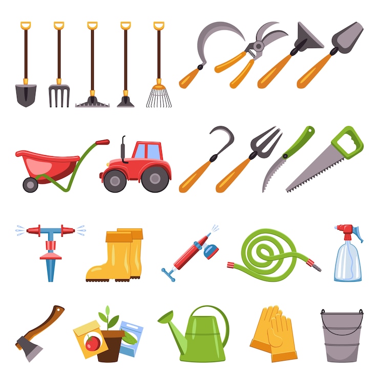 Vector farming equipment icons set, cartoon style