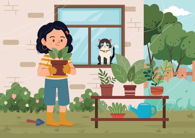 Vector farming girl and cat