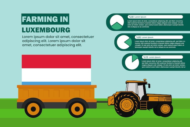 Farming industry in Luxembourg pie chart infographics with tractor and trailer