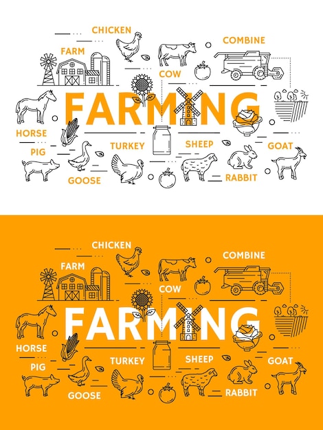 Farming line art posters for farm animals and food