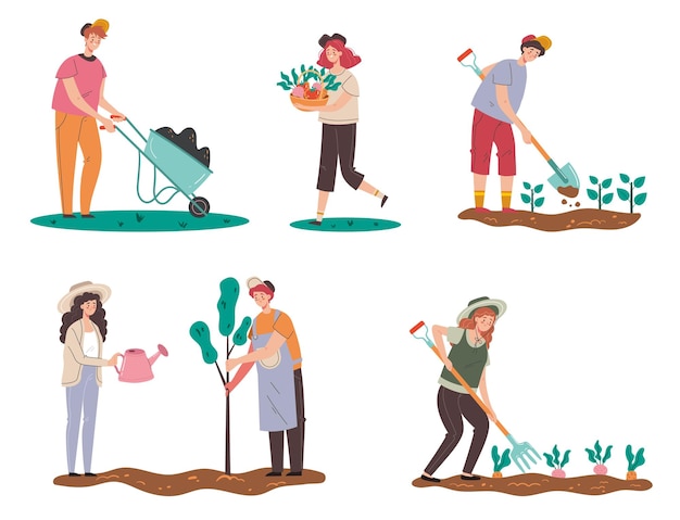 Farming people characters working in garden and growing plants graphic element illustration