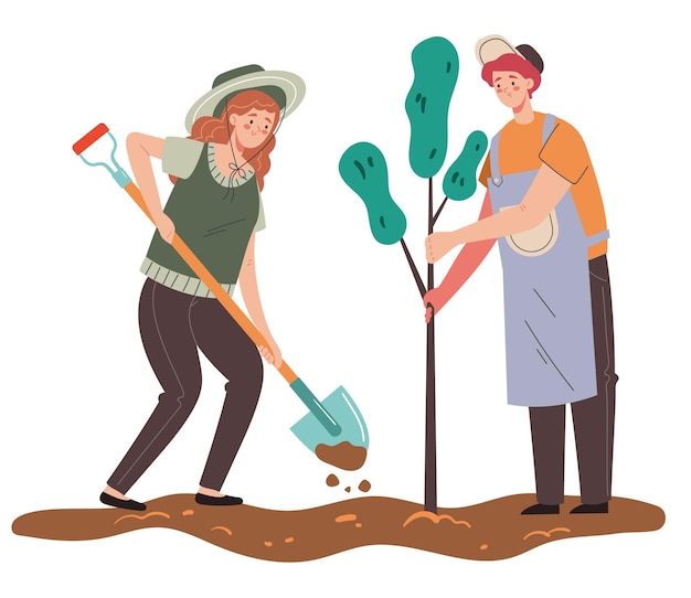 Farming people characters working in garden and growing plants graphic element illustration