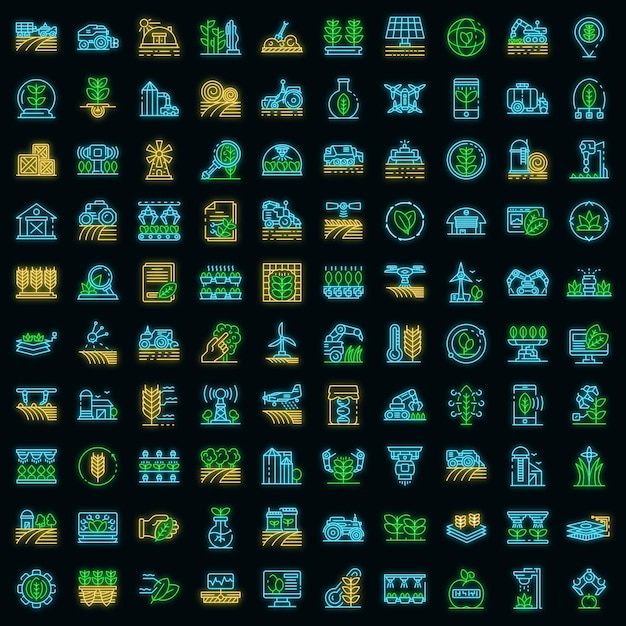 Farming robot icons set. Outline set of farming robot vector icons neon color on black