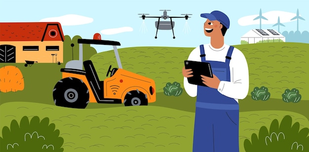 Farming with drone Field work remote monitoring Agriculture innovation technologies Management watering Harvest growing digital smart control Robot tractors Garish vector concept