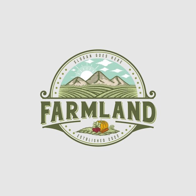 Ispirazione per il design del logo vintage di terreni agricoli per l'agricoltura