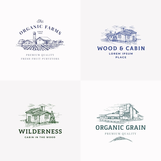 農場や小屋の抽象的な標識、記号またはロゴのテンプレートセット。
