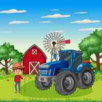 Vector farner at farmland with tractor and barn