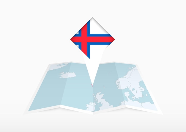 Вектор Фарерские острова изображены на сложенной бумажной карте с прикрепленным знаком местоположения с флагом