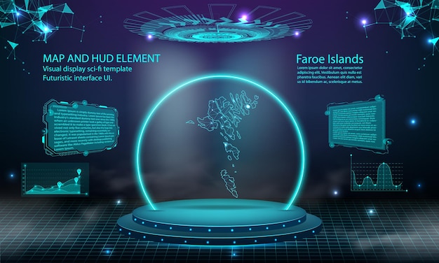 フェロー諸島マップ光接続効果背景抽象デジタル技術 ui gui 未来的な hud フェロー諸島マップとの仮想インターフェイス霧のステージ未来的な表彰台