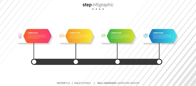 Fase infographics sjabloondiagram met rechthoekige horizontale vorm juiste richting en 4-punts stap