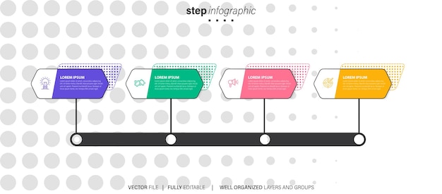 Vector fase infographics sjabloondiagram met rechthoekige horizontale vorm juiste richting en 4-punts stap