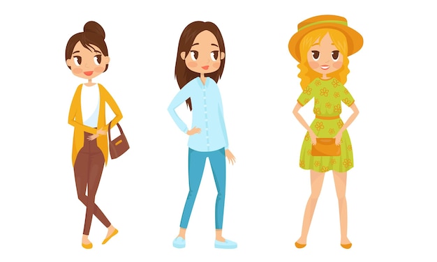 Vector fashin girl characters standing in different poses vector illustrations females wearing trendy clothes collection