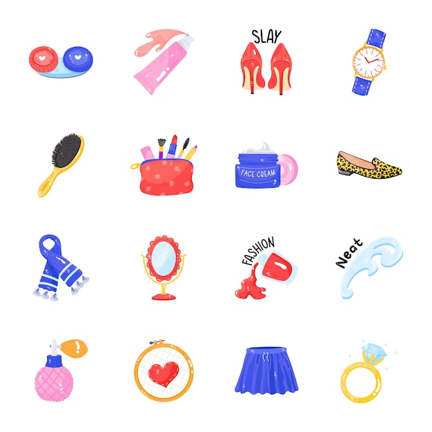 Модные аксессуары и косметика Flat Sticker Icons