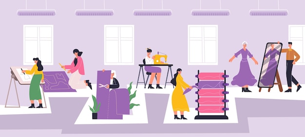 Fashion atelier workers, sewing, dressmaking workshop interior. textile industry employees, dressmaking process vector illustration. textile factory or atelier