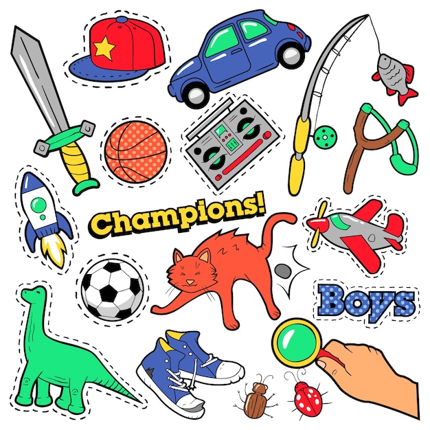 Fashion badges, patches, stickers boys theme. toys, sports, car and music recorder in comic style.  illustration