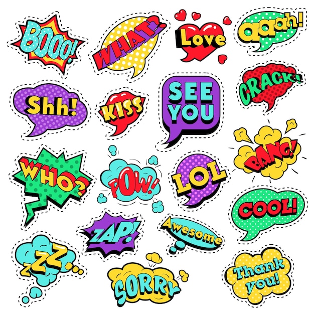 Vector fashion badges, patches, stickers in pop art comic speech bubbles set with halftone dotted cool shapes with expressions cool bang zap lol.  retro background