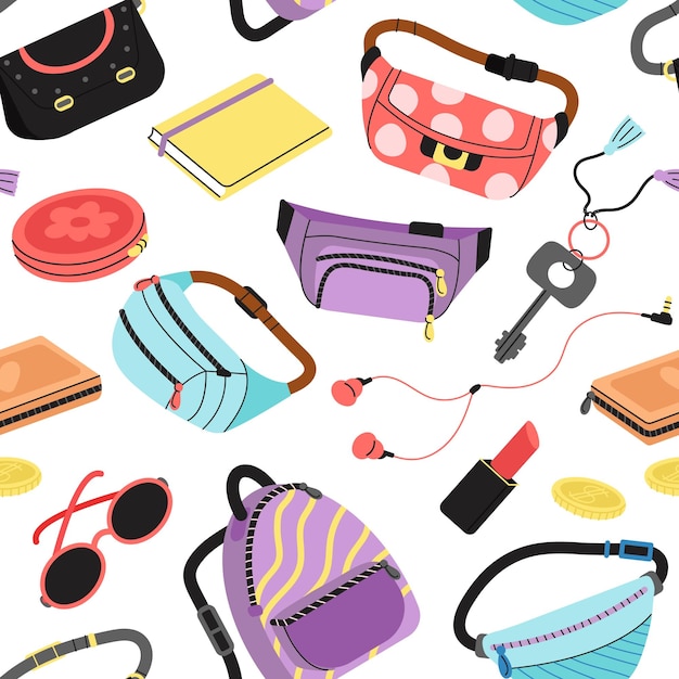 Fashion bags seamless pattern Girly waist bag fabric backpack sunglasses and makeup cosmetics Travel accessories fancy handbag decent vector background Illustration of handbag fashion