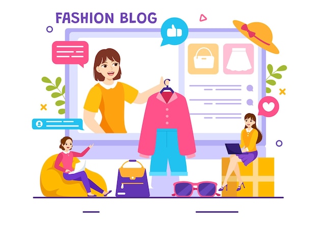 Vector fashion blog illustration with bloggers review videos of fashionable clothes trends and run online