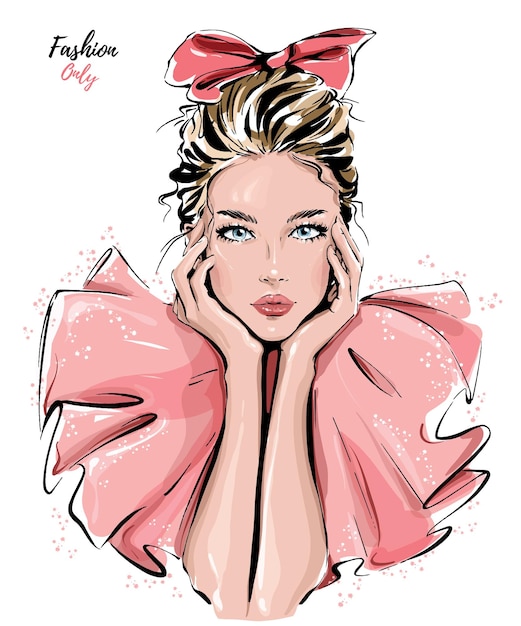 Vector fashion blond hair girl beautiful woman with hair bow