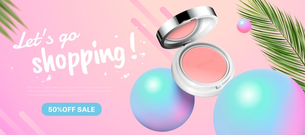 Fashion blush banner banner with holographic spheres elements in 3d style