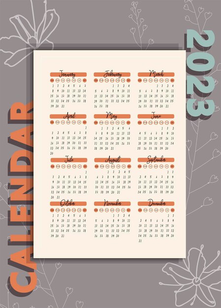 Fashion calendar 2023 VERTICAL ORIENTATION A4 FORMAT Calendar on a gray background Print ready