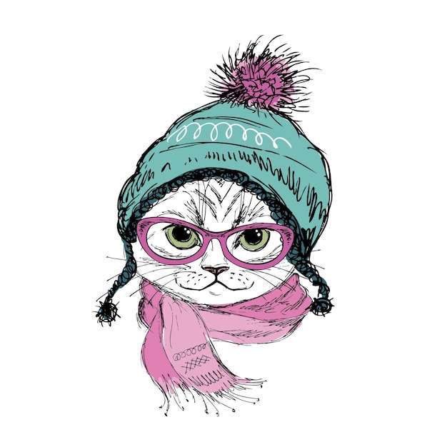 Fashion Cat in hat scarf and glasses Hipster Vector illustration for greeting card poster on clothes