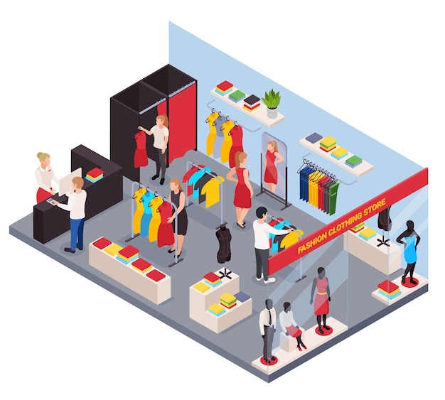 Fashion clothes shop isometric composition with people trying on and buying apparel 3d  illustration