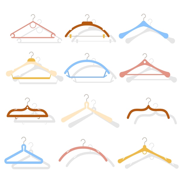 Fashion clothes wooden hanger cartoon flat icon set for coats sweaters dresses skirts pants vector