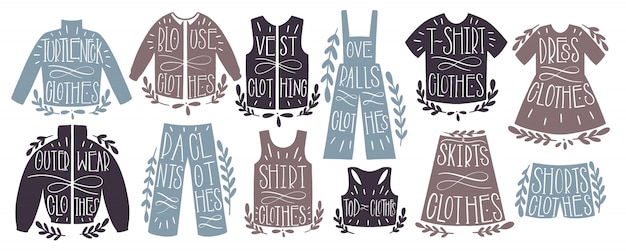 Fashion clothing collection set hand draw. shape text