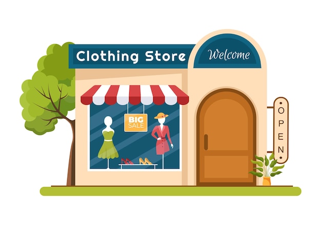 Fashion Clothing Store for Women Template Hand Drawn Illustration with Shopping Cloth or Dresses