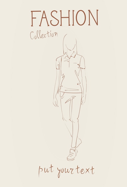 Vector fashion collection of clothes female model wearing trendy clothing sketch