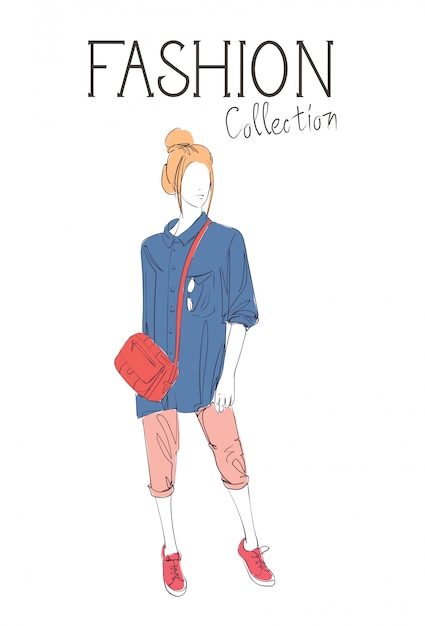 Vector fashion collection of clothes female model wearing trendy clothing sketch