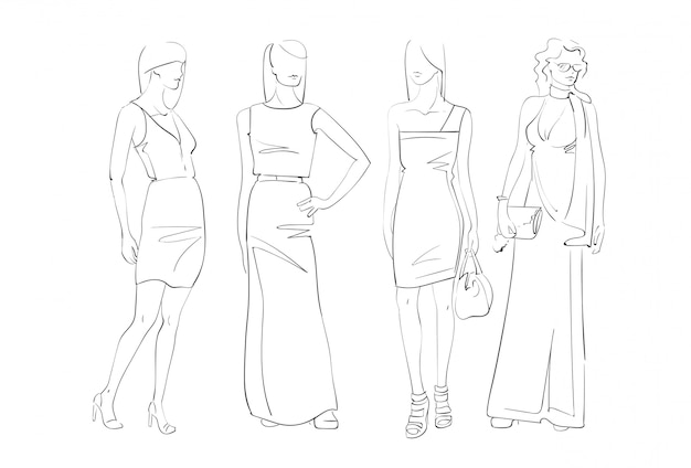 Vector fashion collection of clothes set of models wearing trendy clothing sketch