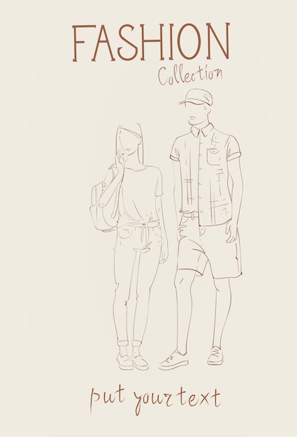 Vector fashion collection of clothes set of models wearing trendy clothing sketch