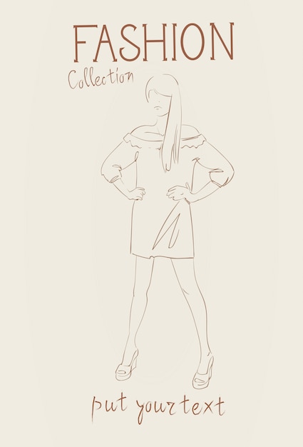 Fashion collection of female clothes set of woman models wearing trendy clothing sketch