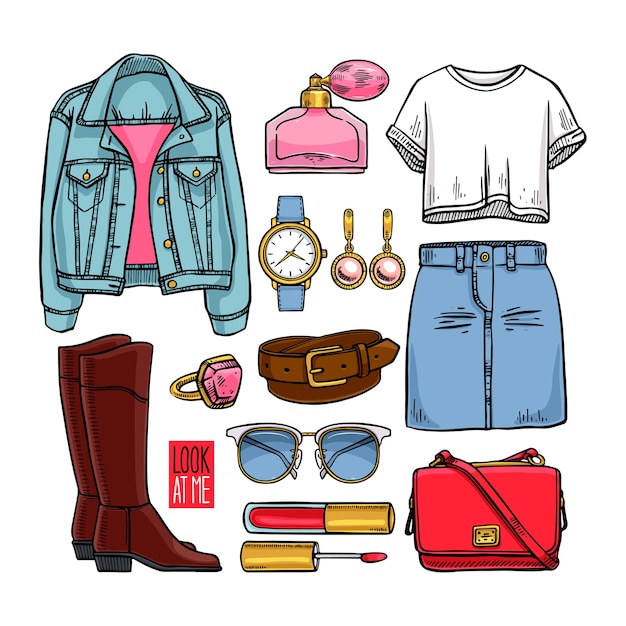 Fashion collection of female clothing and accessories. hand-drawn illustration