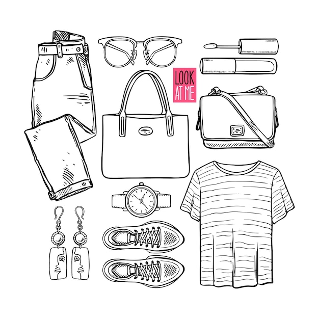 Vector fashion collection of sketch girl clothing and accessories. casual woman style. hand-drawn illustration